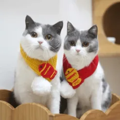 Cozy Knitted Pet Scarf Collars with Fish Charms & Pompoms